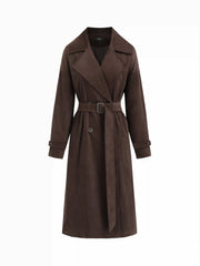 Corduroy Notched Collar Double Breasted Trench Coat With Belt