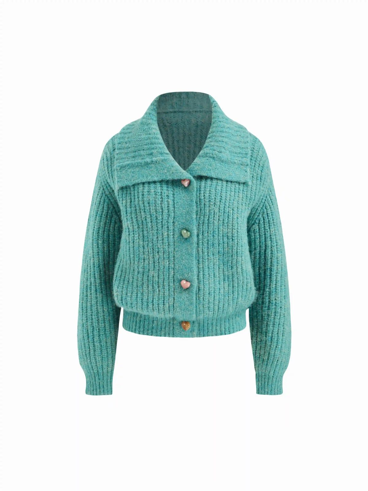 Knit Collar Lantern Sleeve Heart Metal Button Oversized Cardigan