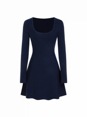 Knit U-neckline Long Sleeve Mini Flared Dress