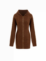 Knit Hooded Zip Through Cable Knit Mini Dress