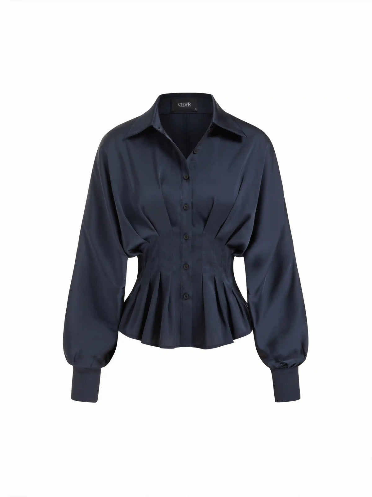 Satin Collar Ruffled Cinched Waist Lantern Sleeve Shirt