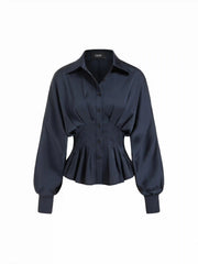 Satin Collar Ruffled Cinched Waist Lantern Sleeve Shirt