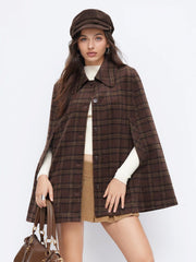 Wool-Look Collar Plaid Cloak Sleeve Oversized Coat