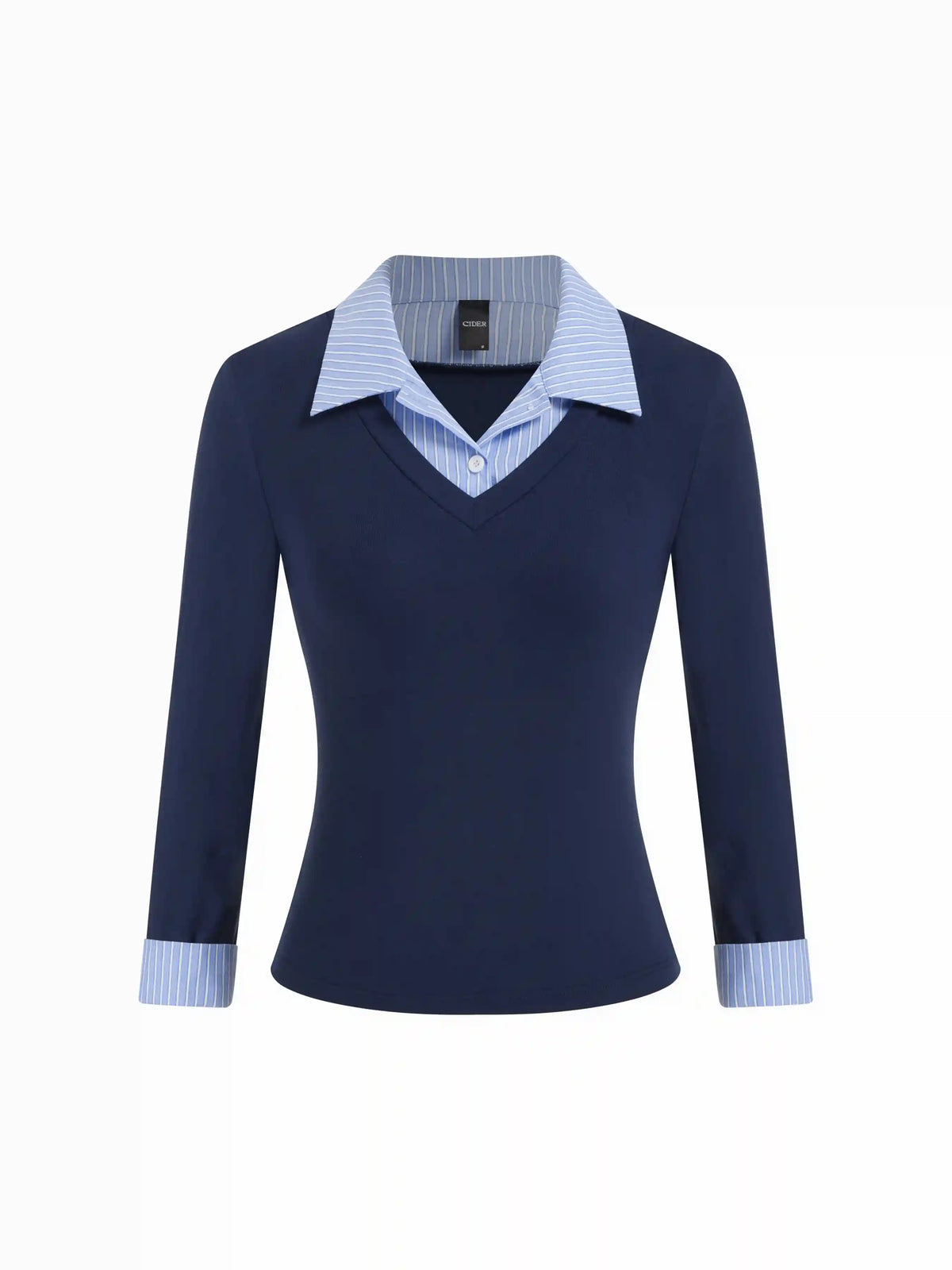 Cotton-blend Collar Striped Button Two Tone Cropped Top