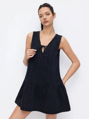 Denim V-neck Knotted A-line Oversized Mini Dress