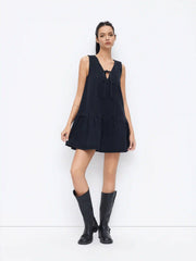 Denim V-neck Knotted A-line Oversized Mini Dress