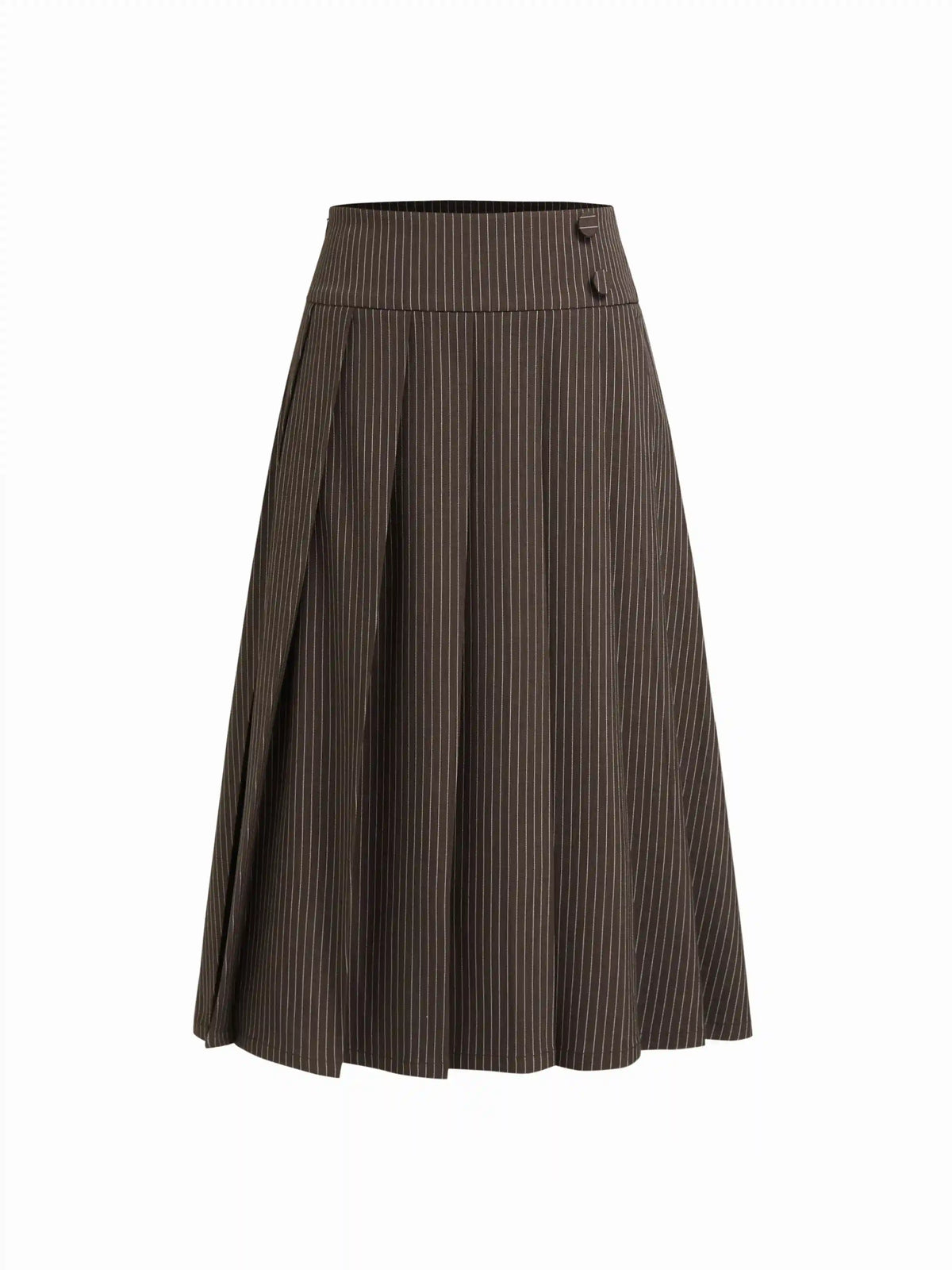 High Rise Striped Pleated Zipper Midi Skirt