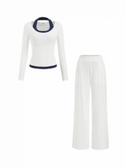 Cotton-blend Halter Neckline Two Tone Top & High Rise Straight Leg Trousers Loungewear Set
