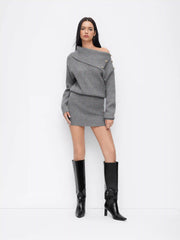 Knit Asymmetrical Neck Metal Detail Mini Dress