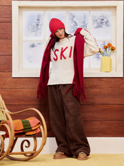 SKI Knit Round Neckline Long Sleeve Contrasting Binding Oversized Top