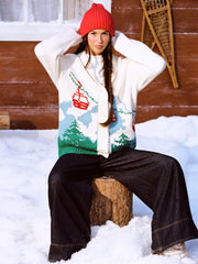 Knit Collar Ski Scenic Button Oversized Cardigan