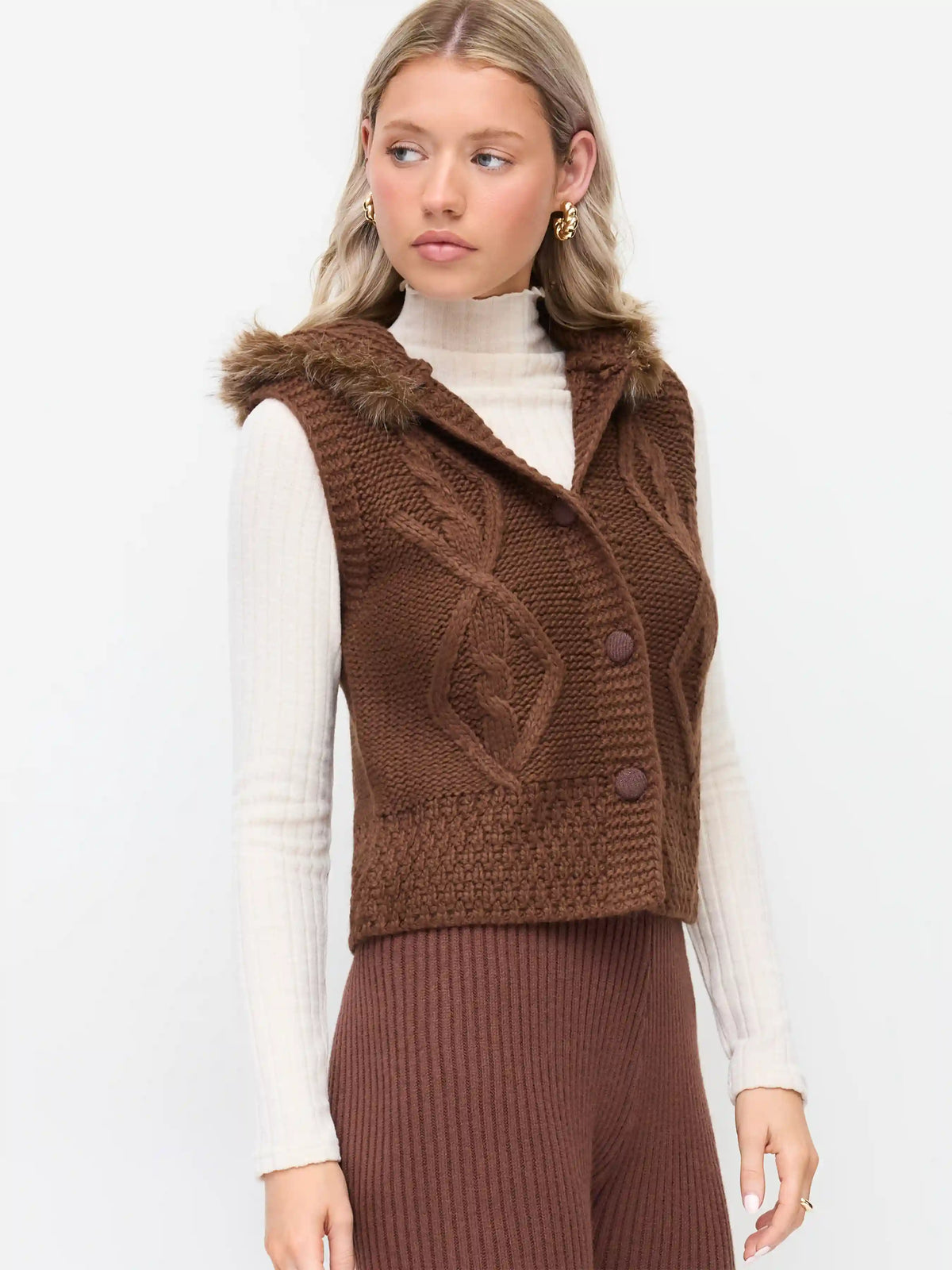 Knit Hooded Cable Knit Faux Fur Button Sweater Vest