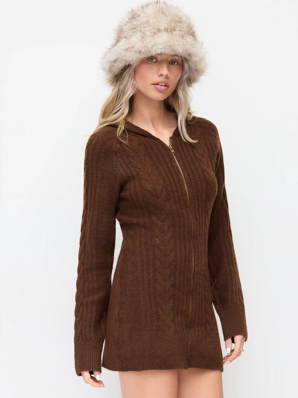 Knit Hooded Zip Through Cable Knit Mini Dress