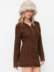 Knit Hooded Zip Through Cable Knit Mini Dress