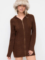 Knit Hooded Zip Through Cable Knit Mini Dress