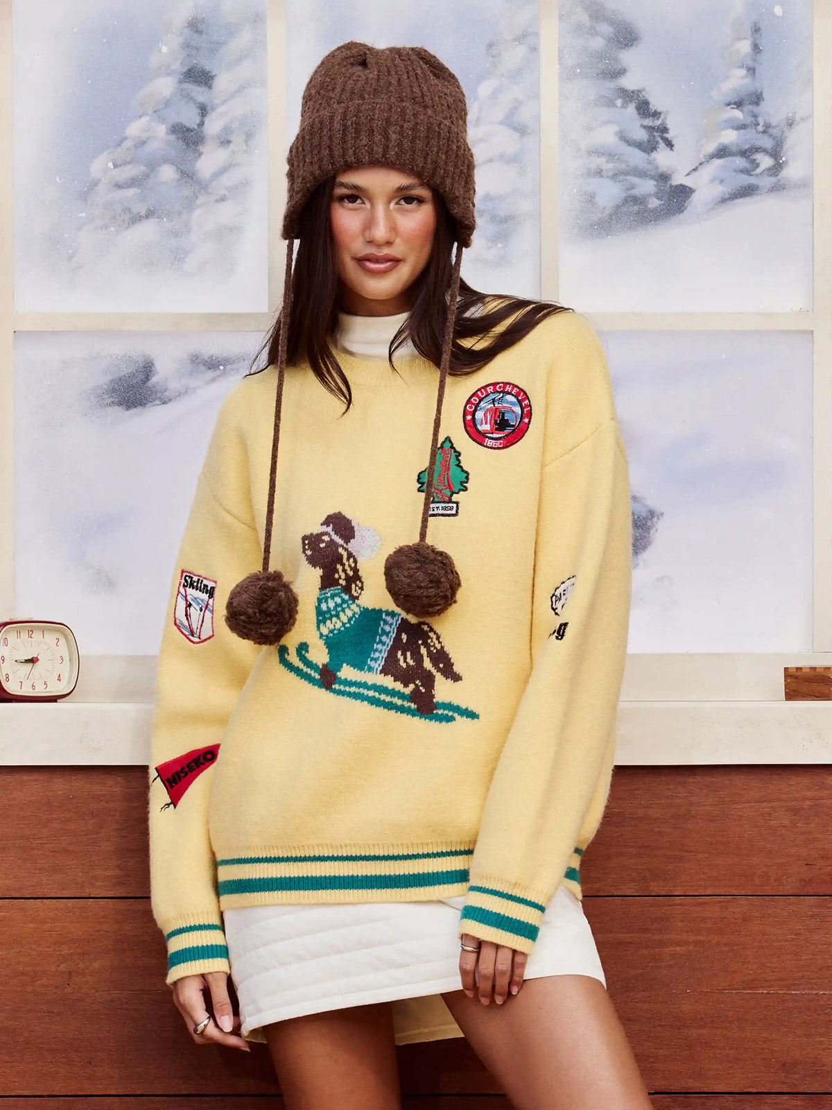 Knit Round Neck Dog Skiing Pattern Oversized Sweater