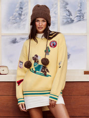 Knit Round Neck Dog Skiing Pattern Oversized Sweater