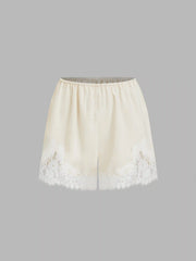 Satin Mid Rise Solid Elastic Waist Floral Lace Shorts