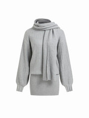 Knit Round Neckline Long Sleeve Mini Straight Dress With Scarf