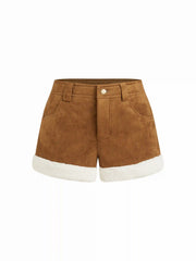 Suede Low Rise Faux Fur Trim Shorts