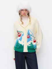 Knit Collar Ski Scenic Button Oversized Cardigan