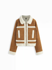 Suede Collar Faux Fur Trim Zip Through Oversized Cropped Jacket