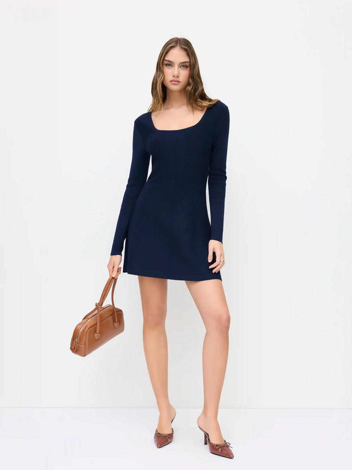 Knit U-neckline Long Sleeve Mini Flared Dress