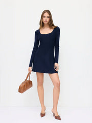 Knit U-neckline Long Sleeve Mini Flared Dress