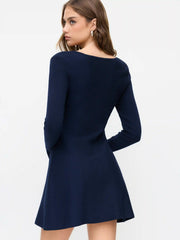 Knit U-neckline Long Sleeve Mini Flared Dress
