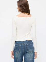 Boat Neck Button Long Sleeve Top