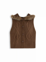 Knit Hooded Cable Knit Faux Fur Button Sweater Vest