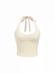 Cotton-Blend Halter Neckline Ruched Knotted Crop Tee