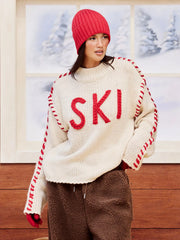 SKI Knit Round Neckline Long Sleeve Contrasting Binding Oversized Top