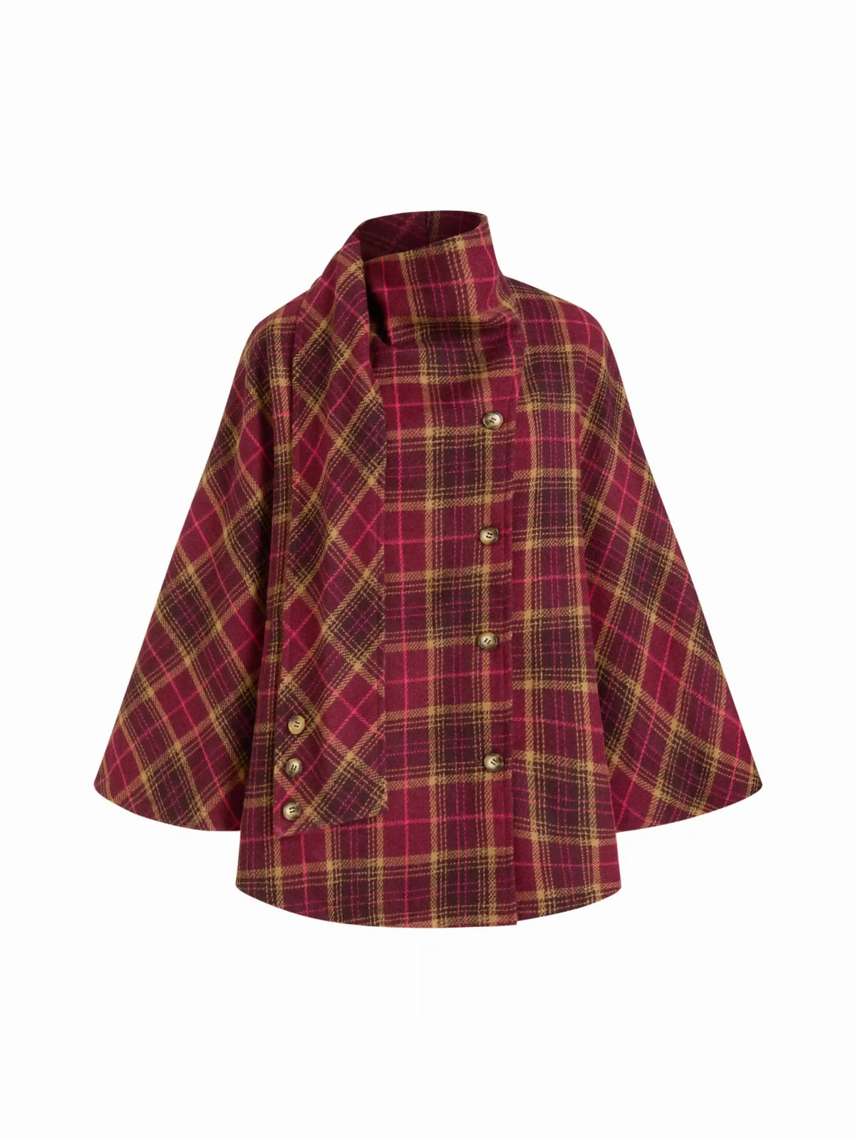 Wool-Look Plaid Cloak Sleeve Oversized Coat With Scarf