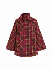 Wool-Look Plaid Cloak Sleeve Oversized Coat With Scarf