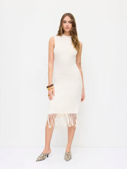 Knit Stand Collar Fringed Hem Stand Collar Midi Dress