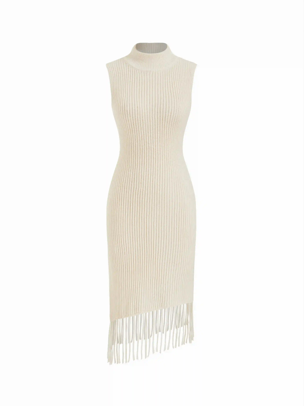 Knit Stand Collar Fringed Hem Stand Collar Midi Dress