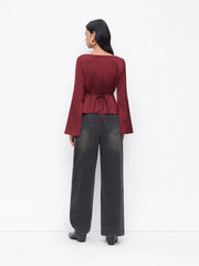 Satin Boat Neck Bell Sleeve Blouse