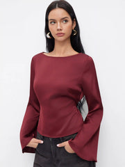 Satin Boat Neck Bell Sleeve Blouse