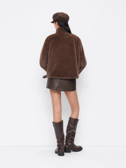 Faux Fur Stand Collar Belted Long Sleeve Oversized Jacket