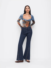 Mesh Square Neck Graphic Corset Bowknot See-through Bodysuit