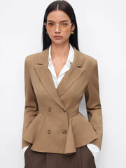 Collar Double Breasted Ruffled Cinched Waist Peplum Blazer