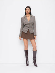 Collar Houndstooth Lace Up Cinched Waist Button Blazer