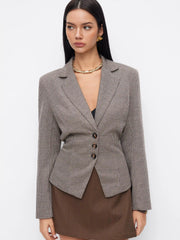 Collar Houndstooth Lace Up Cinched Waist Button Blazer