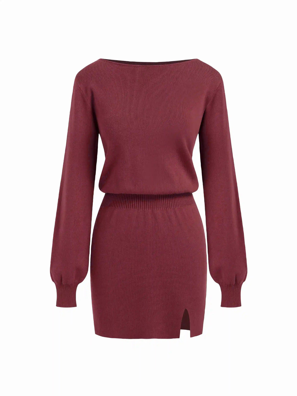 Knit Boat Neck Long Sleeve Split Mini Dress
