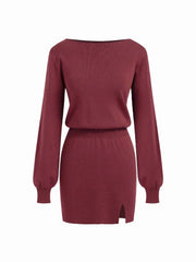 Knit Boat Neck Long Sleeve Split Mini Dress