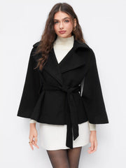Wool-look Collar Button Cloak Sleeve Coat With Belt