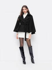Wool-look Collar Button Cloak Sleeve Coat With Belt