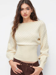 Knit Boat Neck Hollow Out Oversized Long Sleeve Top