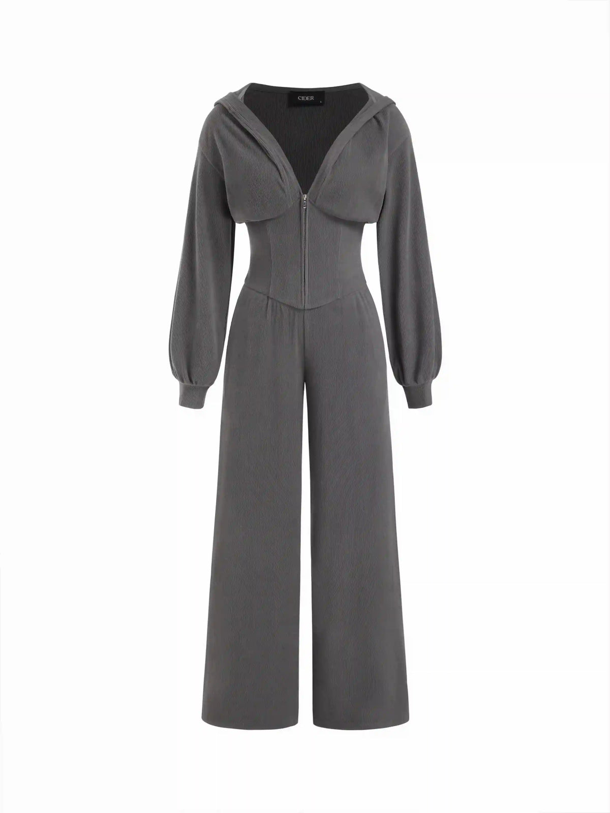 Jersey Hooded Cinched Waist Zipper Jumpsuit